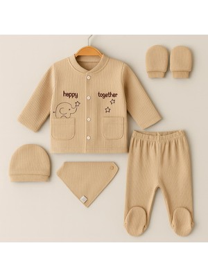 Unisex Bej Happy Together Nakışlı 5'li Hastane Çıkışı