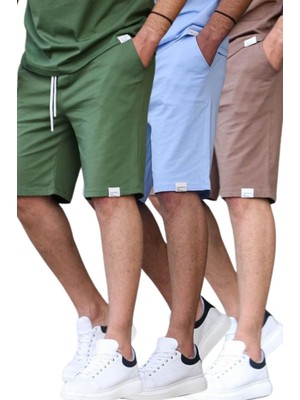 Madmext Haki-Mavi-Kahverengi Basic 3'lü Şort Seti Erkek Cinsiyet Regular Fit Çift Cepli