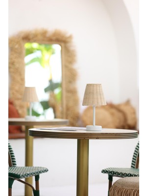 Rattan & Bambu Kablosuz Şarjlı Masa Lambası - Alt Uzun Beyaz