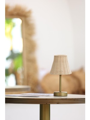 Rattan & Bambu Kablosuz Şarjlı Masa Lambası - Alt Uzun Eskitme Gold