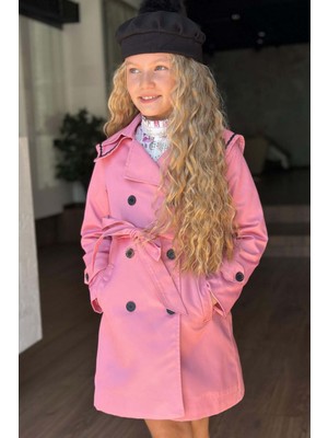Kız Çocuk Üzeri Dantel Işlemeli Elbise Çift Cep Detaylı Kemerli Pembe Trençkot