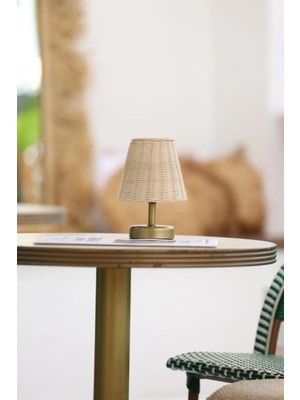 Rattan & Bambu Kablosuz Şarjlı Masa Lambası - Alt Eskitme Gold