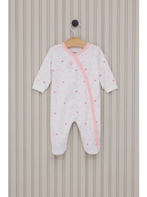 U.S. Polo Assn. Kız Bebek Beyaz Kalp Desenli %100 Pamuk Patikli Tulum 50322798-VR071