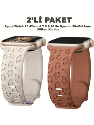 Apple Watch 10 42MM – 6 7 8 9 10 Se Uyumlu 38-40-41MM Leopar Desenli 2'li Silikon Kordon Seti