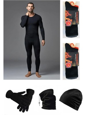 Erkek Siyah Termal Alt Üst Takım-Polar Şapka-Eldiven-Boyunluk-2 Çift Termal Çorap Set