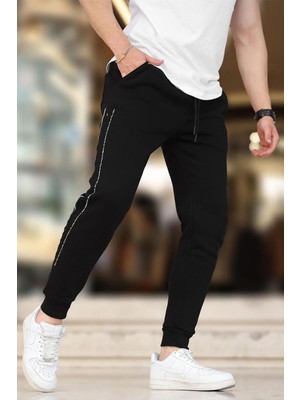 Siyah Erkek Paçası Lastikli Yandan Şeritli  Baskılı Eşofman Altı 6551