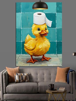 Banyoda Sarı Civciv Çizimi Dekoratif Kanvas - Mdf Ahşap Tablo