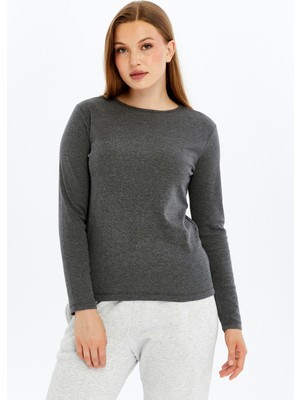 Defy's Fokus Kadın Nefes Alan %100 Pamuk Doğal Kumaş Rahat kalıp Bisiklet Yaka Uzun Kollu Antrasit Tişört