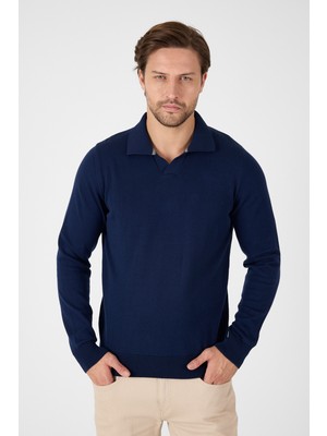 Lacivert Saf %100 Pamuk Erkek Patlı Düğmesiz Polo Yaka Triko Kazak