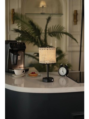 Hazeran & Rattan Masa Üstü Kablosuz Şarjlı Masa Lambası - Alt Uzun Siyah