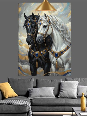 Beyaz ve Siyah Atlar Dekoratif Kanvas - Mdf Ahşap Tablo