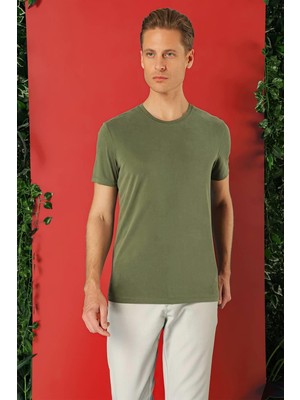 Slim Fit Bisiklet Yaka %100 Pamuk Haki Tişört Ts 878