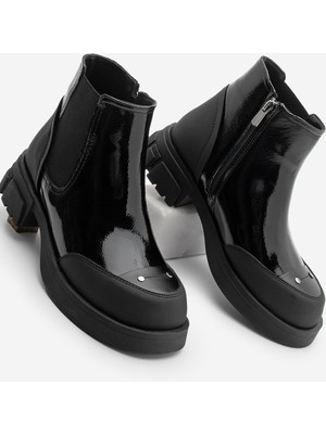 Marjin Kadın Lastikli Fermuarlı Kalın Topuklu Spor Postal Bot Pevara Siyah Rugan