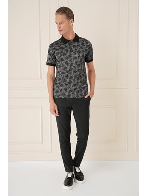 Efor Erkek Slim Fit Dal Yaprak Desen Polo Yaka Pamuklu Siyah Tişört Ts 884