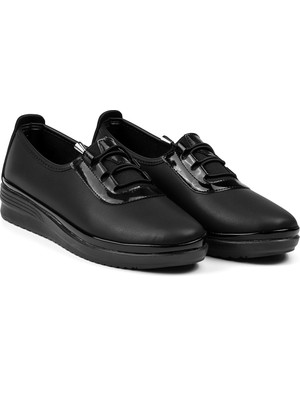 Kadın Siyah Rugan Detaylı Ortopedik Anne Ayakkabısı - Rahat Kaymaz Taban, Bağcıklı Günlük Yürüyüş Ayakkabısı