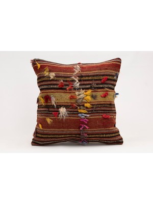 El Yapımı Kilimden Yapılmış Vintage Kırlent Kılıfı, Yün, 40X40 cm
