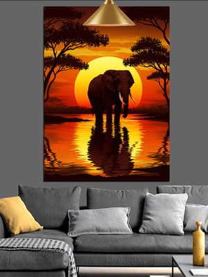 Gün Batımında Yalnız Fil Dekoratif Kanvas - Mdf Ahşap Tablo