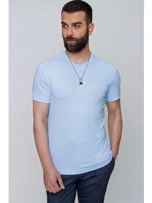 Slim Fit Bisiklet Yaka Düz Pamuklu Mavi Tişört Ts 823