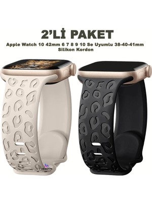 Apple Watch 10 42MM – 6 7 8 9 10 Se Uyumlu 38-40-41MM Leopar Desenli 2'li Silikon Kordon Seti