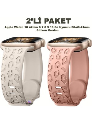 Apple Watch 10 42MM – 6 7 8 9 10 Se Uyumlu 38-40-41MM Leopar Desenli 2'li Silikon Kordon Seti