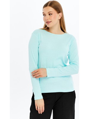 Defy's Fokus Kadın Nefes Alan %100 Pamuk Doğal Kumaş Rahat kalıp Bisiklet Yaka Uzun Kollu Turkuaz Tişört