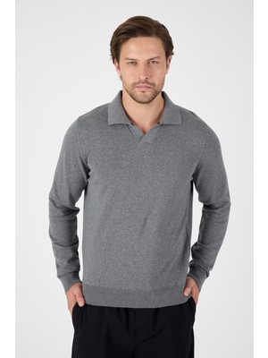 Gri Saf %100 Pamuk Erkek Patlı Düğmesiz Polo Yaka Triko Kazak
