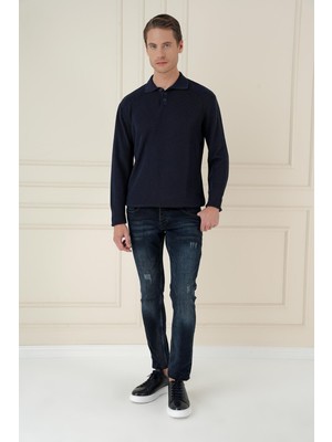 Fitilli Dokuma Düğmeli Polo Yaka Lacivert Triko Kazak Tr 887