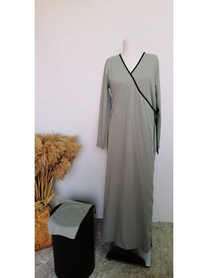 1998_PRATIK Yandan Bağlamalı Kruvaze Biye Kuşaklı %100 Pamuk Kumaş Tesettür Namaz Elbisesi