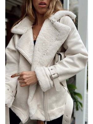 Kadın Içi Rapitli Kemer Detaylı Süet Mont