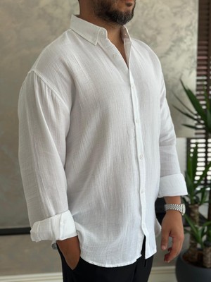 Erkek Rahat Kesim Premium Keten Gömlek Beyaz ECA010
