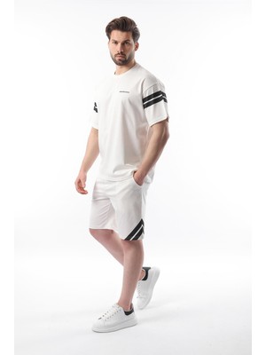 Ekru Şerit Detaylı Erkek Şort T-Shirt Takım E7301