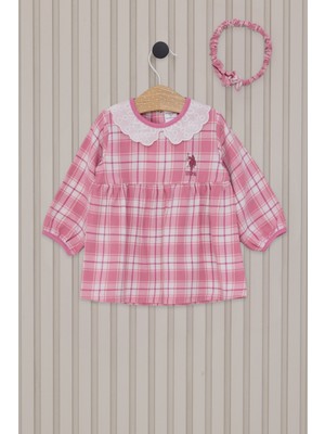 U.S. Polo Assn. Kız Bebek Pembe Ekose Desenli Elbise Bandana 2'li Set 50322807-VR071