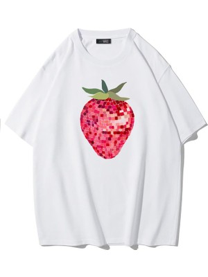 Brz Collection Oversize Strawberry Disco Ball T-Shirt Beyaz