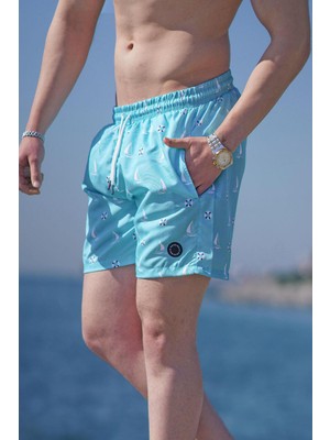 Turkuaz Yelken Desenli Erkek Deniz Şortu 6881