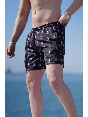 Siyah Yelken Desenli Erkek Deniz Şortu 6881