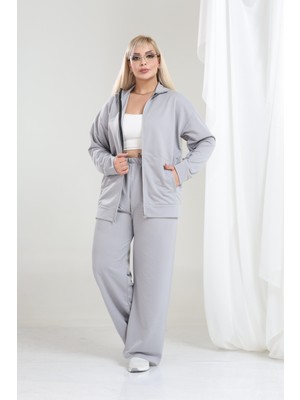 Şuranur Kadın Büyük Beden Fermuarlı Uzun Kollu Rahat Günlük Eşofman Takım