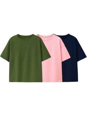 Besic 3'lü  Kız Çocuk T-Shirt ( Pembe - Haki - Lacivert )