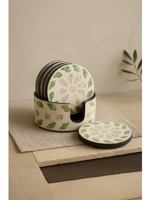 Ocean Point Sedef Mozaik Bardak Altlığı Seti 6’lı Kutulu – El Yapımı, 10 Cm, Krem-Yeşil