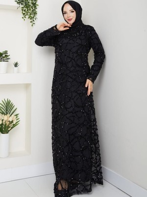 Ahusu Büyük Beden Pullu Kendinden Parlak Büyük Beden Abiye Elbise