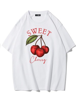 Brz Collection Oversize Sweet Cherry T-Shirt Beyaz