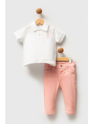 U.S. Polo Assn. Kız Bebek Beyaz %100 Pamuk Polo Yaka Tişört Jean Pantolon Takım 2'li 50322911-VR013