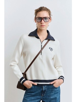 Mavi Kadın Yarım Fermuarlı Triko Kırık Beyaz 1710687-70057