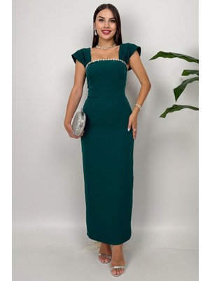 Valentia Madonna Yaka Taş Işlemeli Kalem Zümrüt Yeşili Abiye Elbise, Zarif Davet Elbisesi