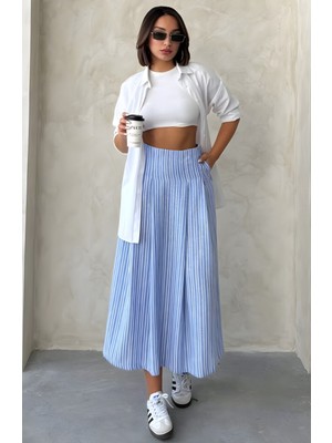 Kadın Pileli ve Çift Cep Detaylı Çizgili Midi Boy Keten Etek