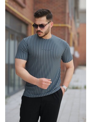 Erkek Dikey Çizgili Ottoman Kumaş Kısa Kollu T-Shirt