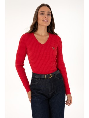 U.S. Polo Assn. Kadın Kırmızı V Yaka Basic Kazak 50307700-VR171