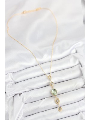 Zarif Kadın Için Golden Pirinç Zirkonlu Zincir Yeşil Y Kolye