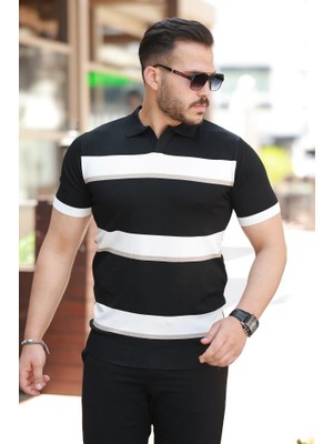 Erkek Şerit Desenli Hemşire Yaka Kısa Kollu Tişört