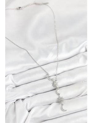 Zarif Kadın Için Silver Çelik Zirkonlu Güneş Ay Stil Kolye