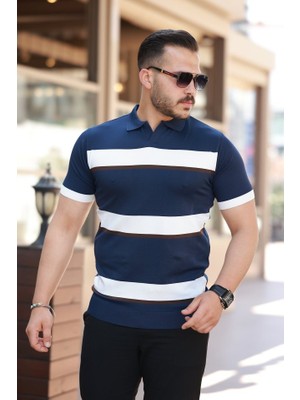 Erkek Şerit Desenli Hemşire Yaka Kısa Kollu Tişört